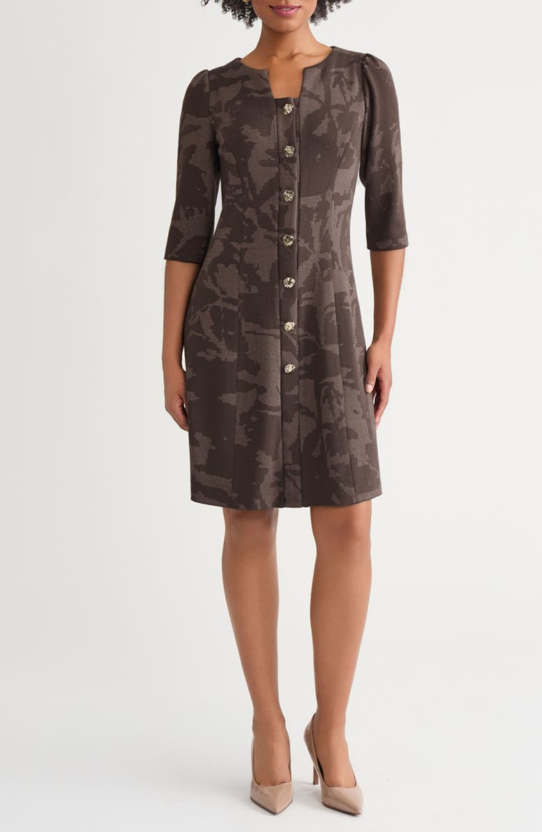 Ming Wang Floral Jacquard Button-Up Knit Dress, Main, color, Warm Taupe/ Dark Umber