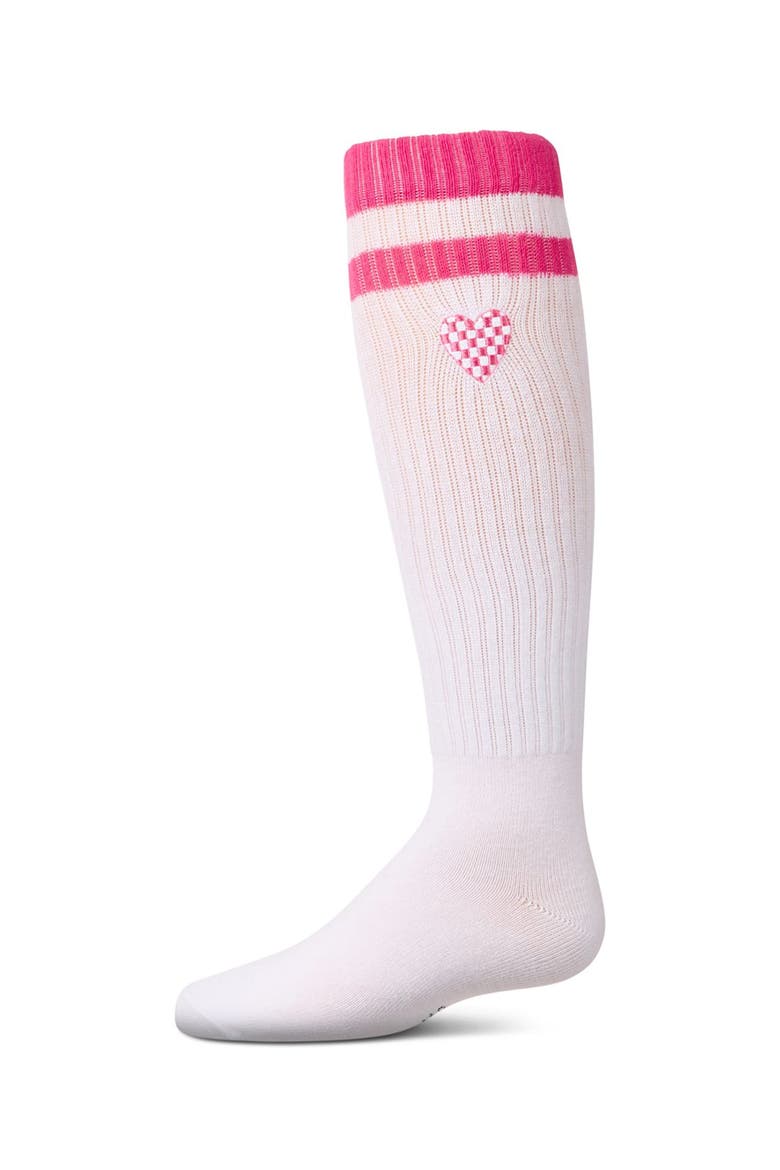 Ribbed Varsity Stripe Checkered Heart Rich Knee Sock, Main, color, Pink