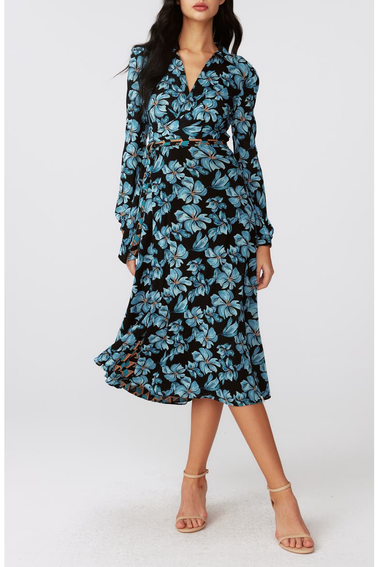 Phoenix Reversible Long Sleeve Midi Dress, Main, color, GEO TURQUOISE/ OPERA FLORAL