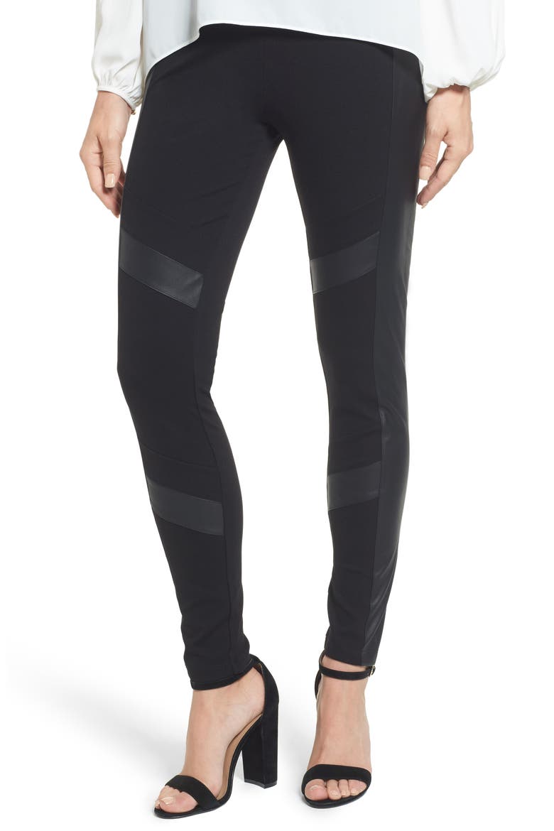 Faux Leather Chevron Panel Ponte Leggings, Main, color, RICH BLACK
