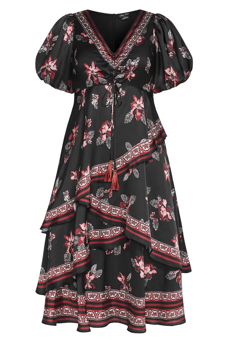 Thea Floral Tiered Puff Sleeve Midi Dress, Alternate, color, BLACK FLORAL