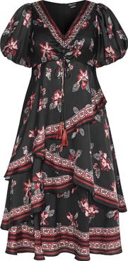 City Chic Thea Floral Tiered Puff Sleeve Midi Dress
