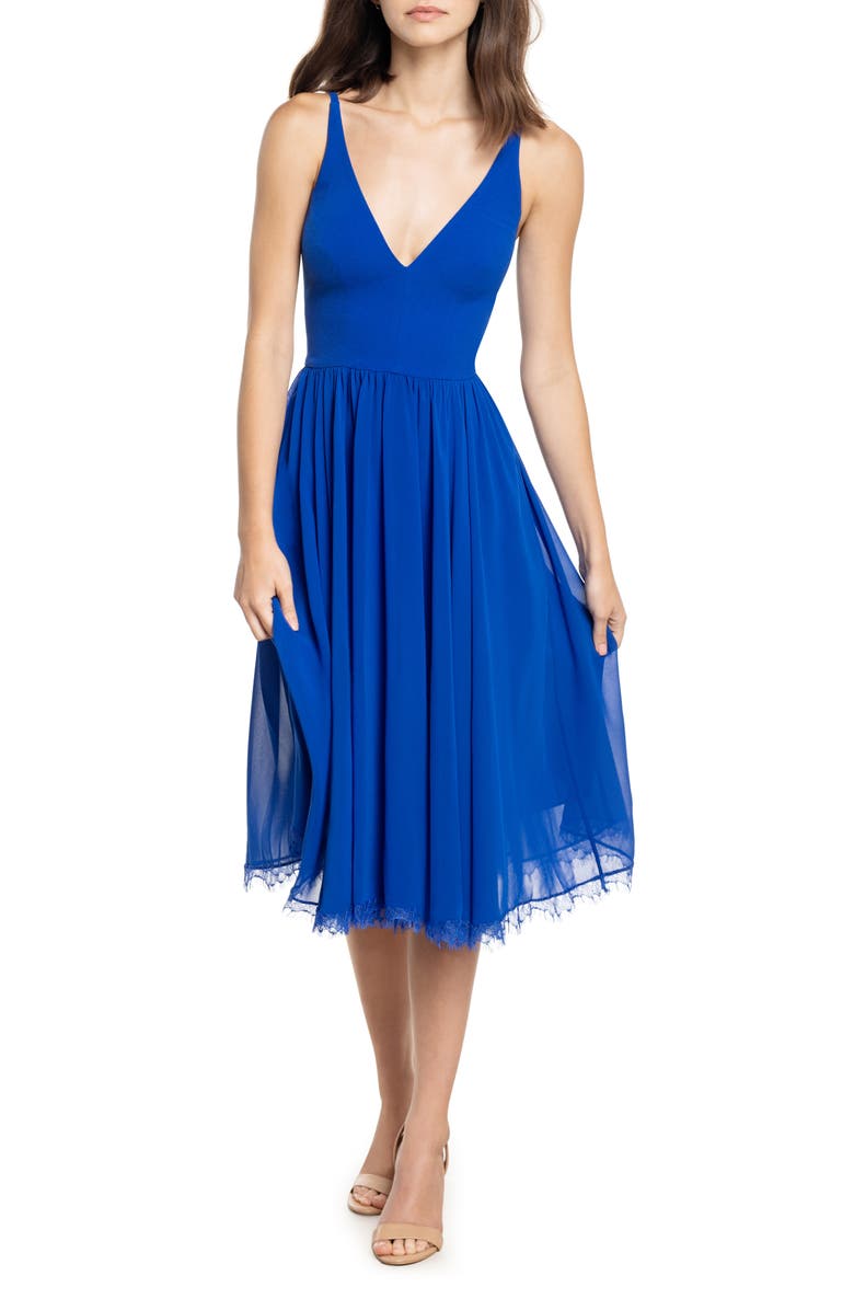 Dress the Population Alicia Mixed Media Midi Dress, Main, color, Electric Blue