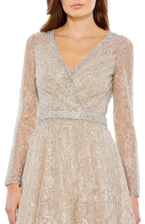Mac Duggal Embellished Wrap Over Long Sleeve Midi Dress In Taupe