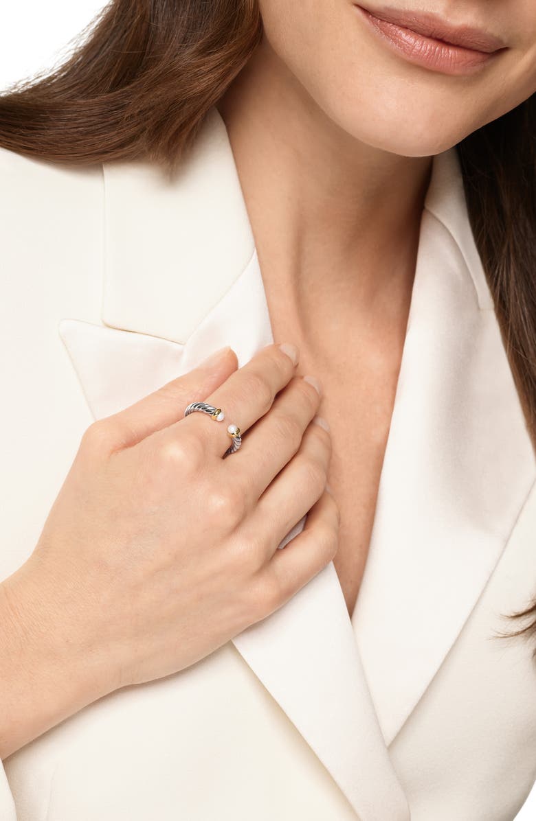 David Yurman Petite Cable Open Ring in Sterling Silver with 14K Yellow Gold, 3.4mm, Alternate, color, Pearl