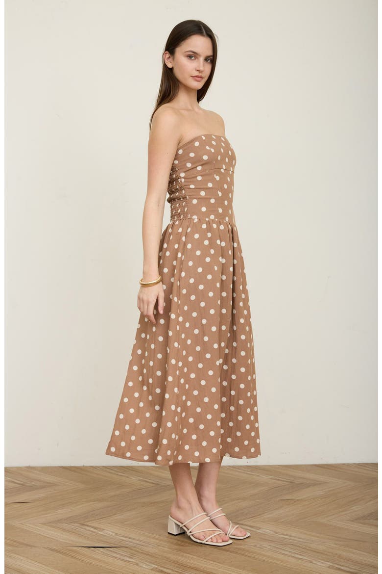 Polka Dot Strapless Midi Dress, Alternate, color, BROWN