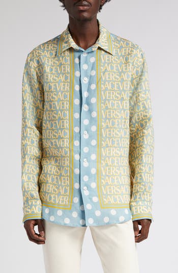 Versace Polka Dot Allover Logo Linen Button-Up Shirt | Nordstrom