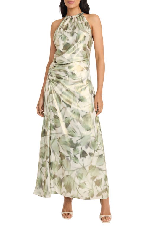 Maggy London Ruched Halter Neck Satin Gown In Ivory/green