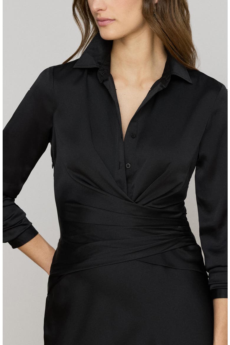 Featherweight Satin Charmeuse Shirtdress Gown, Alternate, color, BLACK