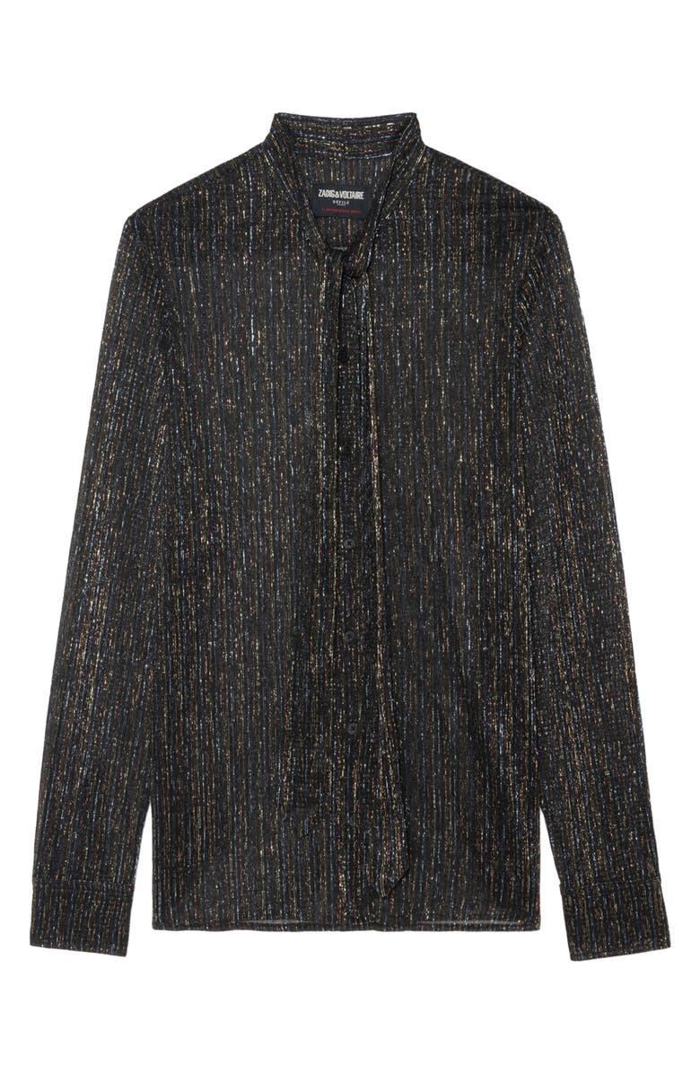 Zadig & Voltaire Tulba Shimmer Tie Neck Shirt, Alternate, color, Black