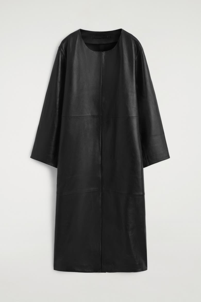 Paneled Leather Long Coat, Alternate, color, BLACK