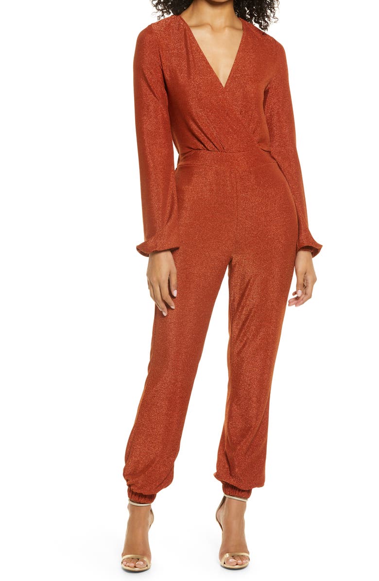 bebe Metallic Knit Long Sleeve Jumpsuit, Main, color, 