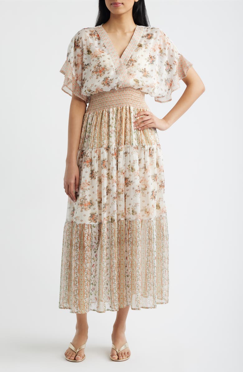 LAYERED WITH LOVE Metallic Thread Mixed Floral Maxi Dress, Main, color, Ivory Floral