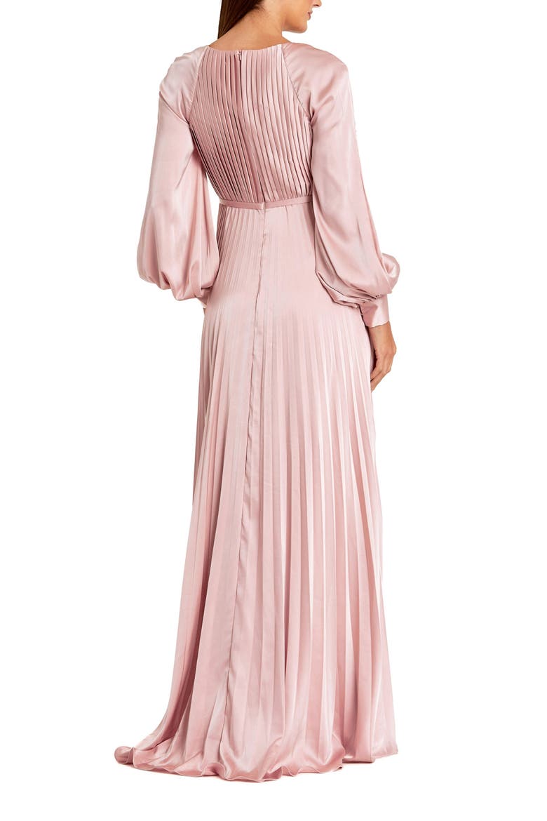 Petite Pleated High Neck Raglan Long Sleeve Side Slit Gown, Alternate, color, Blush