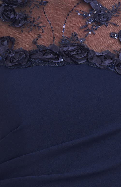 Js Collections Laney Rosette Embroidered Mesh Yoke Sheath Gown In Blue