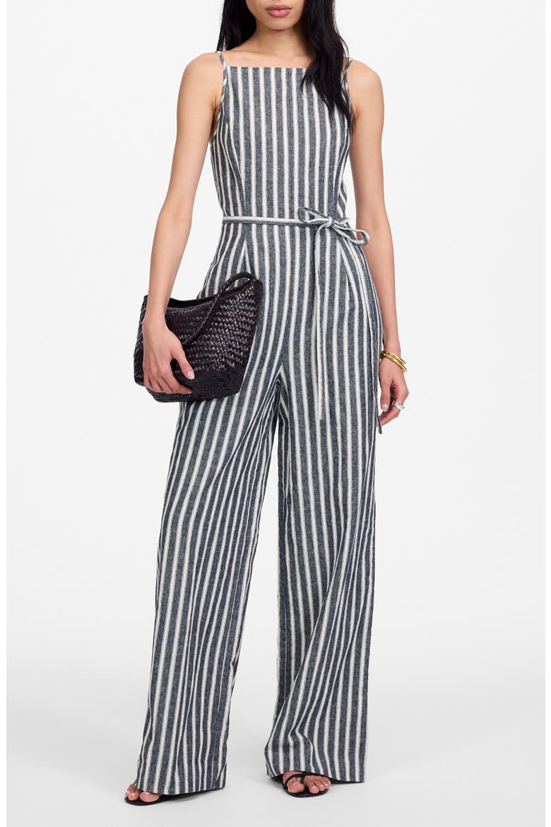 Pinstripe Pleated Linen & Cotton Wide Leg Jumpsuit, Main, color, NAVY WHITE STRIPE