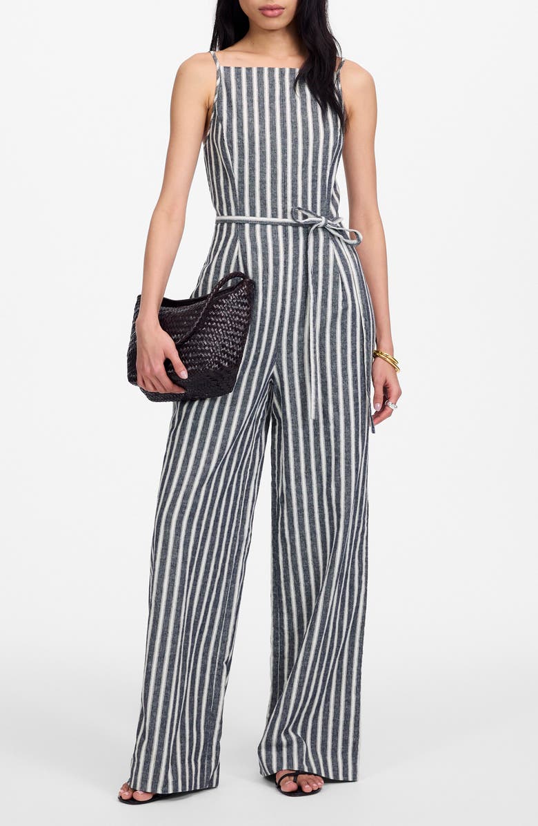 Madewell Pinstripe Pleated Linen & Cotton Wide Leg Jumpsuit, Main, color, Navy White Stripe