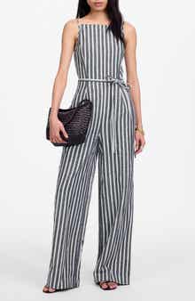 Madewell Pinstripe Pleated Linen & Cotton Wide Leg Jumpsuit