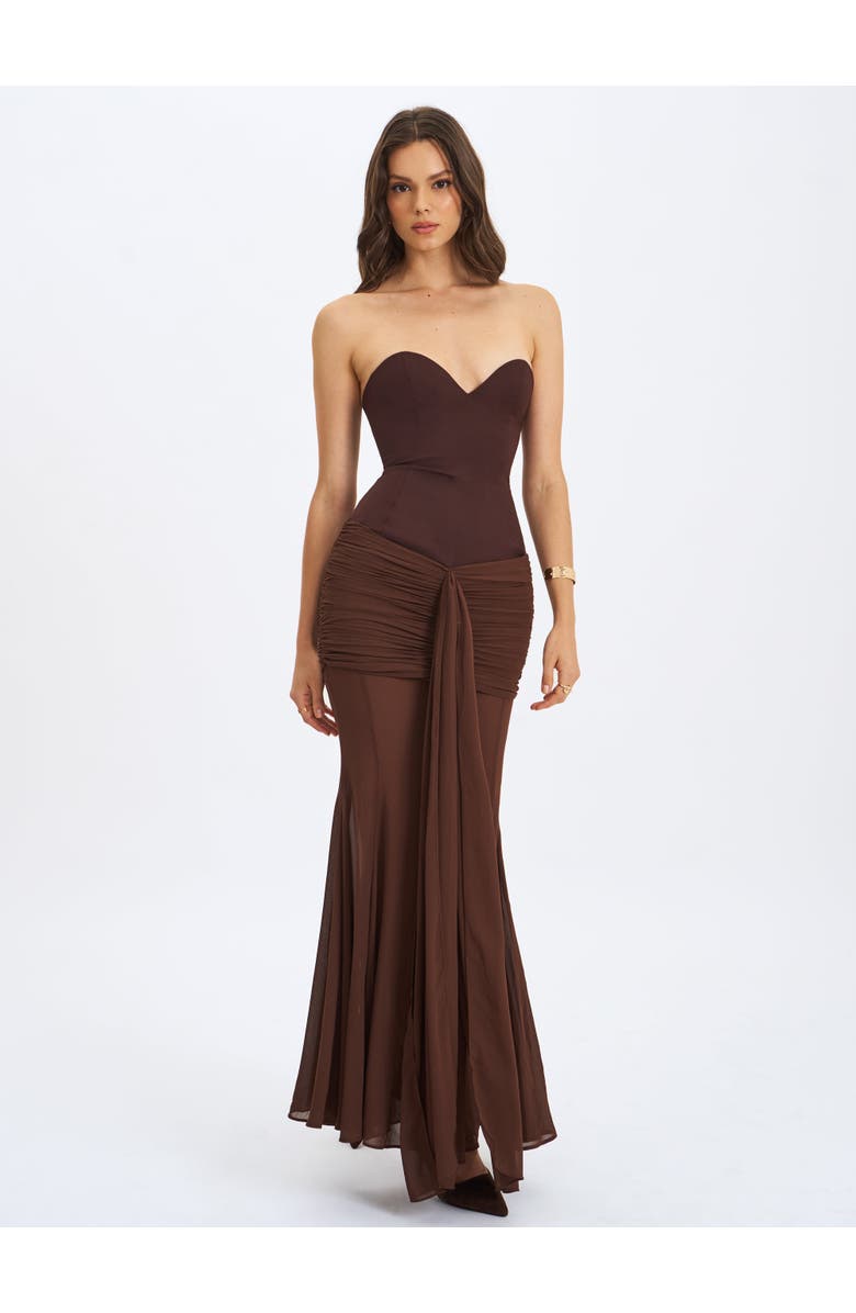 Miss Circle Giovana Sweetheart Draped Mesh Mermaid Maxi Dress, Alternate, color, Espresso