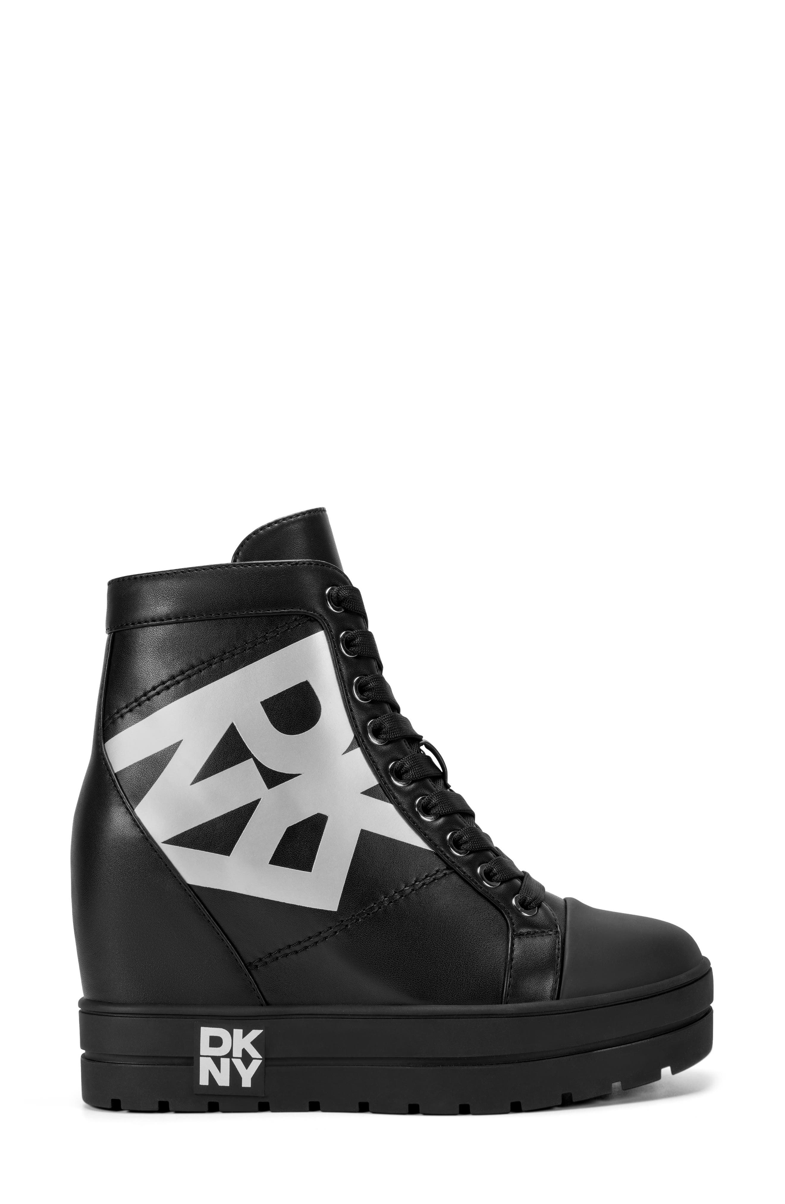 DKNY Clary Wedge Sneaker, Alternate, color, Black/ Silver