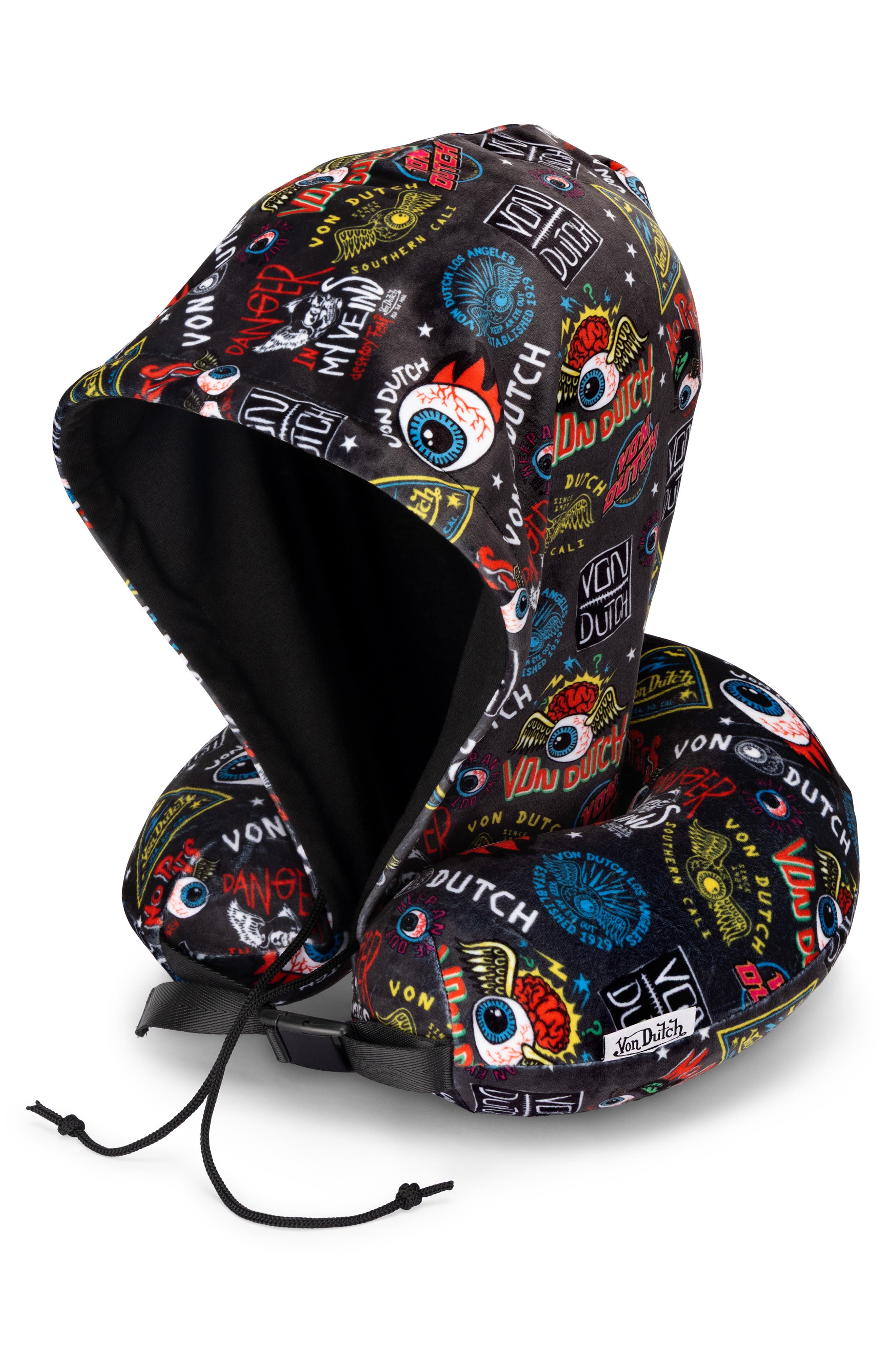 Von Dutch Jax Hooded Memory Foam Travel Neck Pillow, Main, color, Black