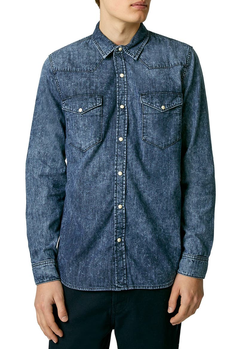 Acid Wash Denim Western Shirt, Main, color, MID BLUE