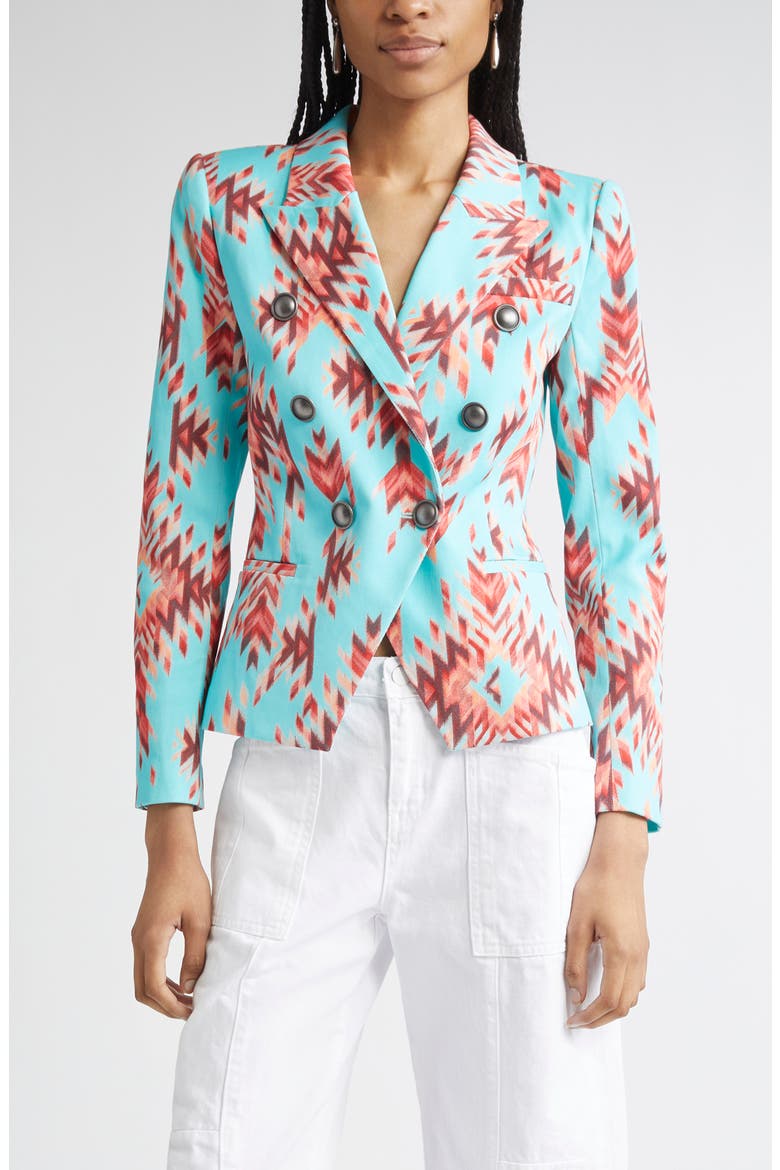 Marie Double Breasted Cotton Blazer, Main, color, POOL BLUE GANADO PRINT