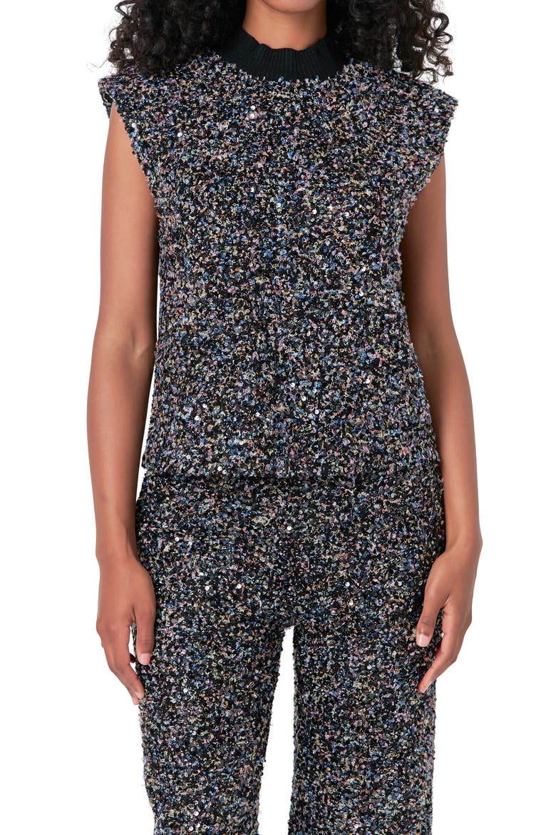 Cap Sleeve Bouclé Tweed Top, Alternate, color, BLACK MULTI