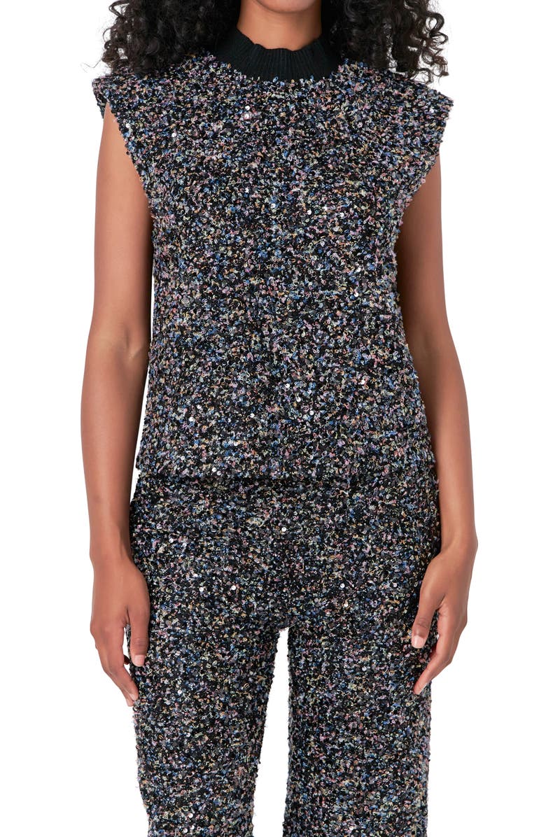 Endless Rose Cap Sleeve Bouclé Tweed Top, Alternate, color, Black Multi