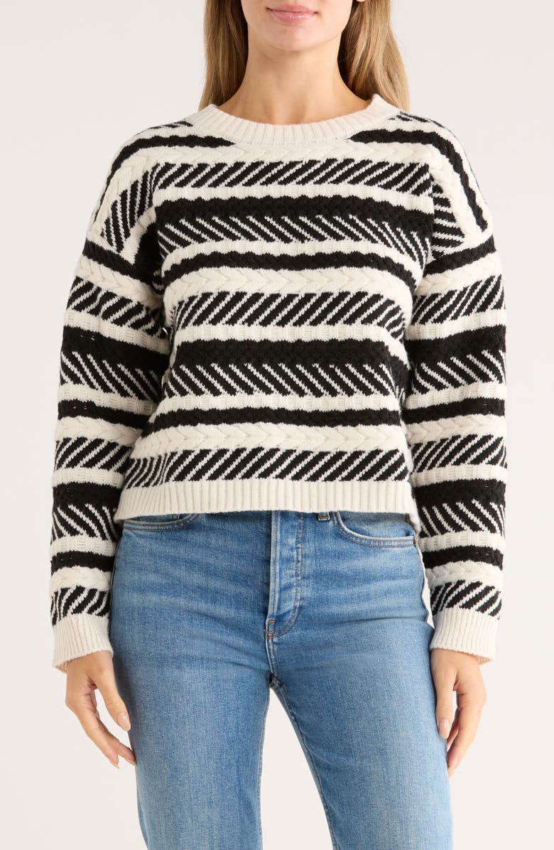 Bobeau Mixed Stitch Crew Sweater, Main, color, Ivory/ Black