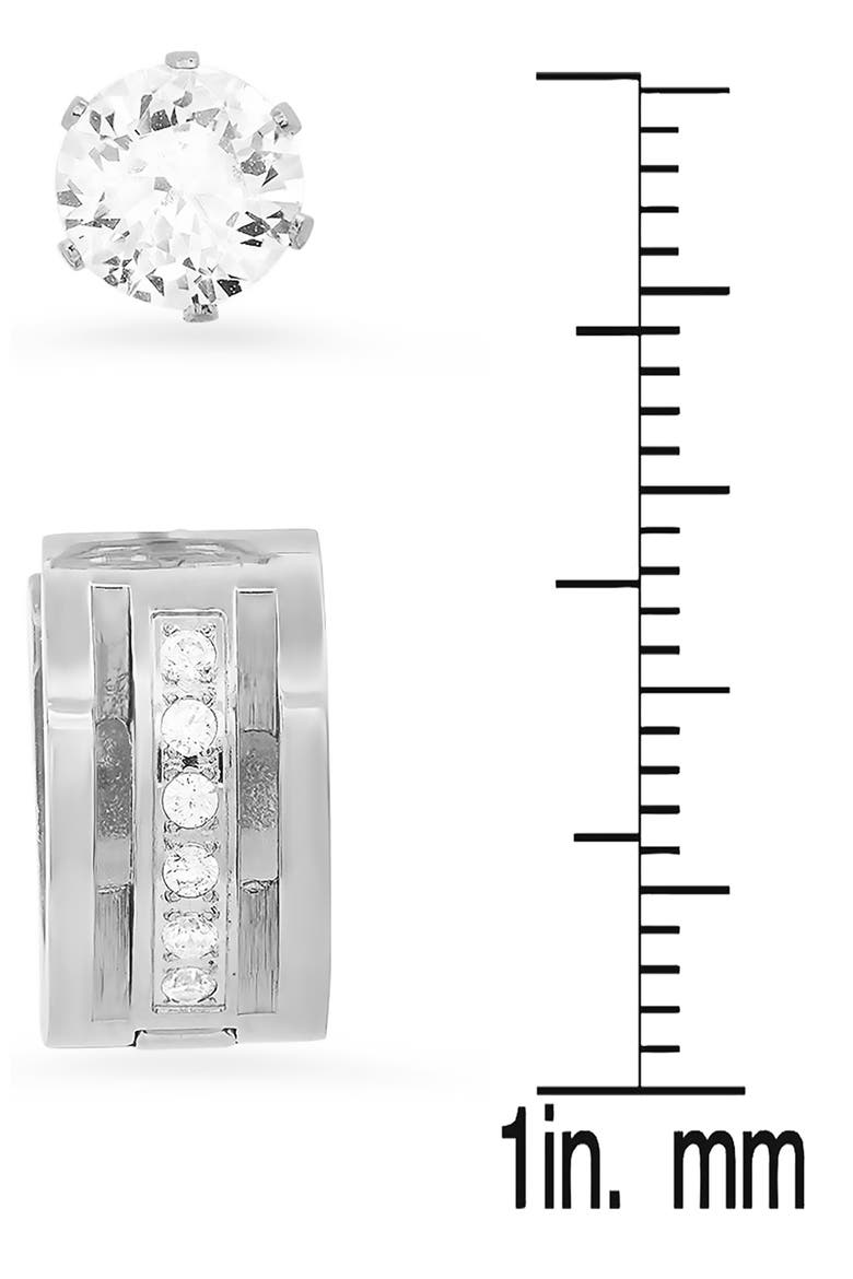 Set of 2 Stainless Steel Simulated Diamond Stud & Huggie Hoop Earrings, Alternate, color, METALLIC