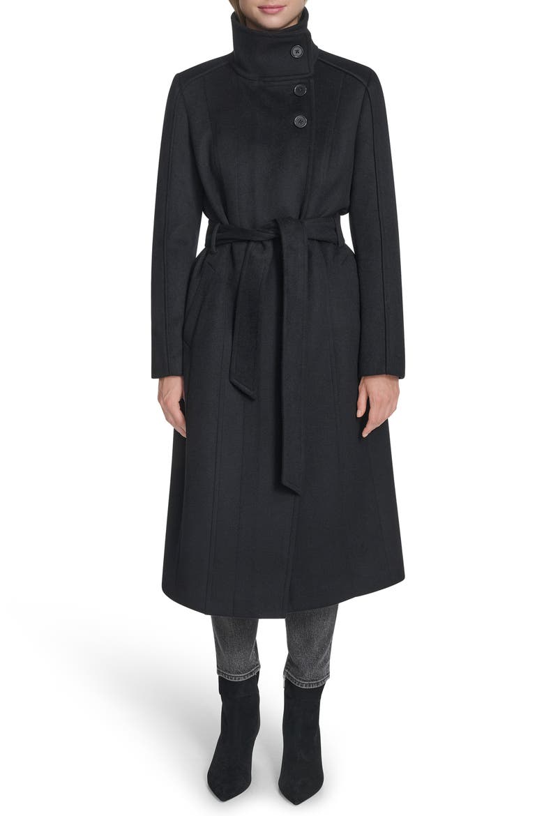 Slick Asymmetric Zip Wool Blend Coat, Main, color, BLACK