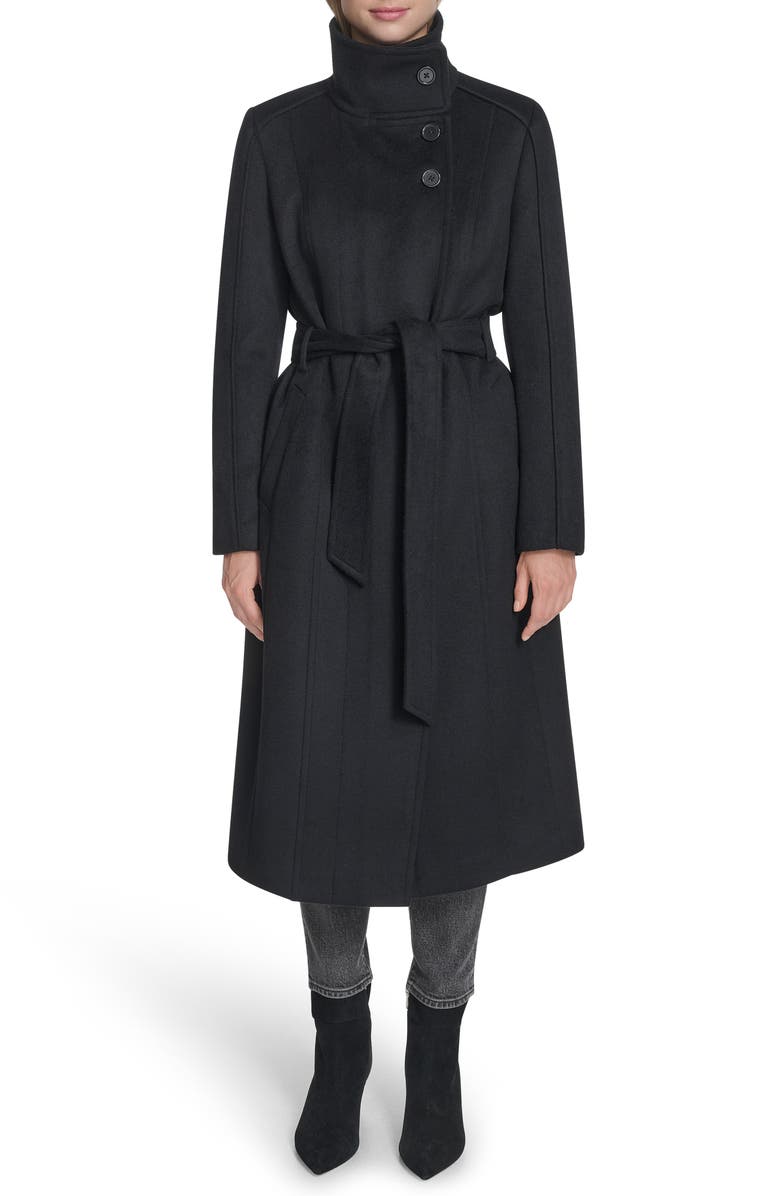 Cole Haan Slick Asymmetric Zip Wool Blend Coat, Main, color, Black