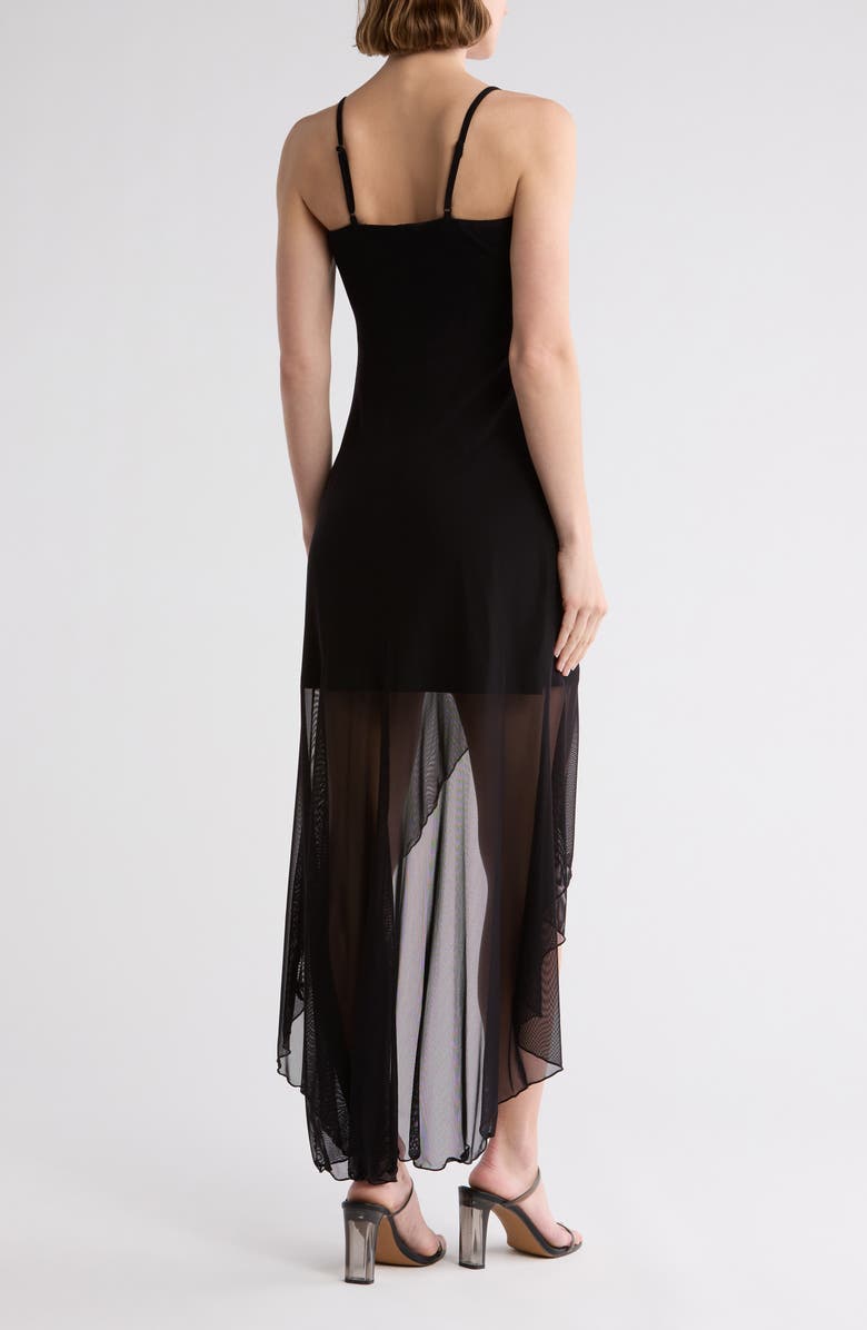 bebe High Low Mesh Dress, Alternate, color, Black