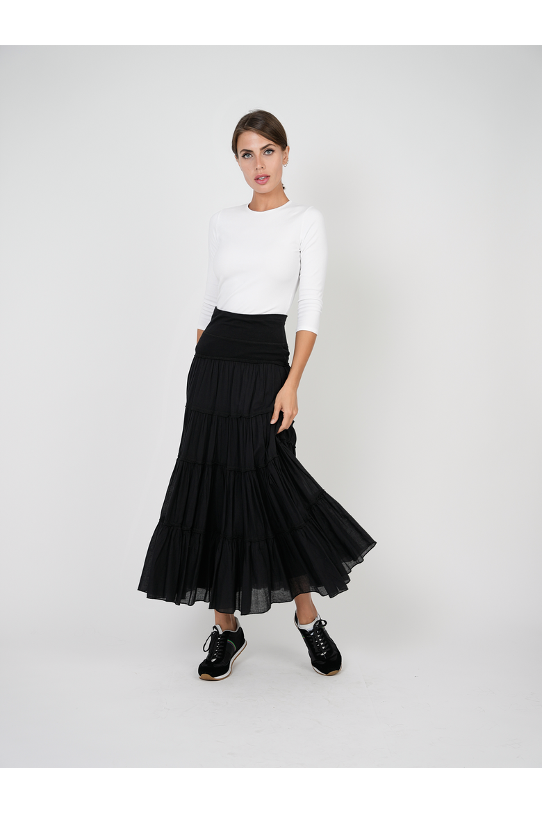 Tiered Gauze Rib Elastic Waistband Midi Skirt, Alternate, color, Black