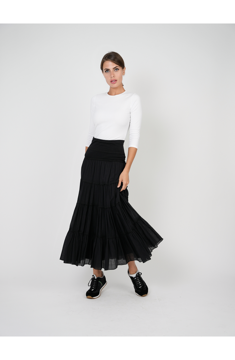 Red Myth Tiered Gauze Rib Elastic Waistband Midi Skirt, Alternate, color, Black