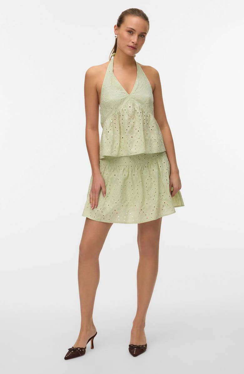 VERO MODA Hay Embroidered Eyelet Cotton Miniskirt, Alternate, color, Fog Green Detail Snow White Em