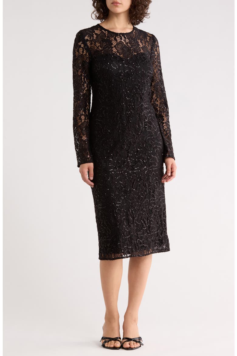 Long Sleeve Sequin Lace Sheath Dress, Main, color, BLACK