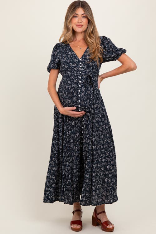 Pinkblush Floral Button Down Maternity Dress In Blue
