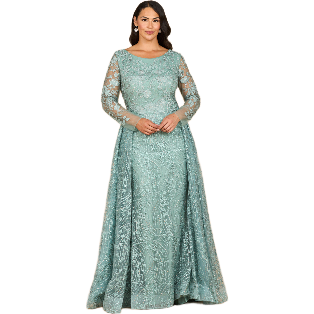 Lara New York Long Sleeve Gown With Overskirt & Illusion Neckline In Green