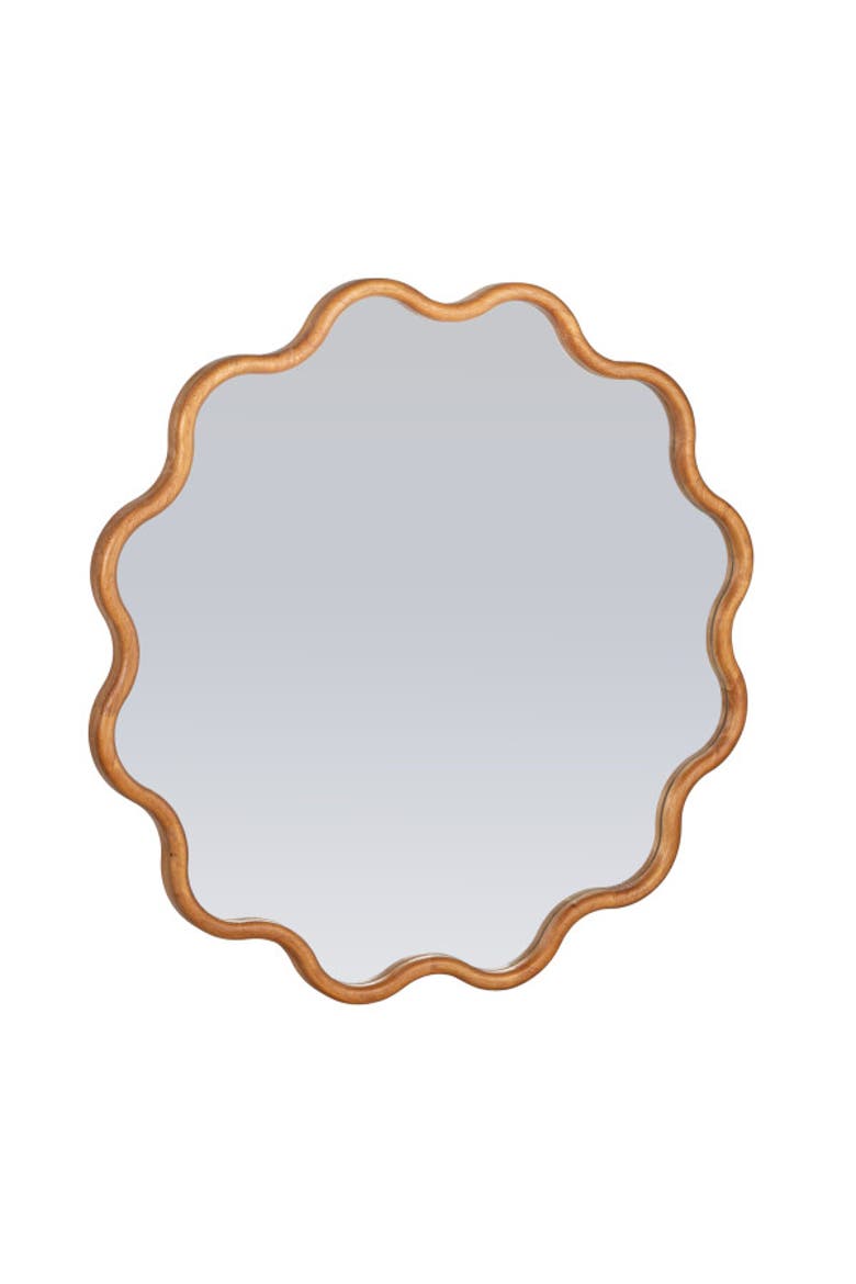 Wavy Round Mirror with Scalloped Wooden Frame, Main, color, Natural
