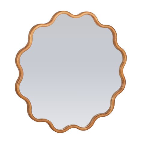 Wavy Round Mirror with Scalloped Wooden Frame