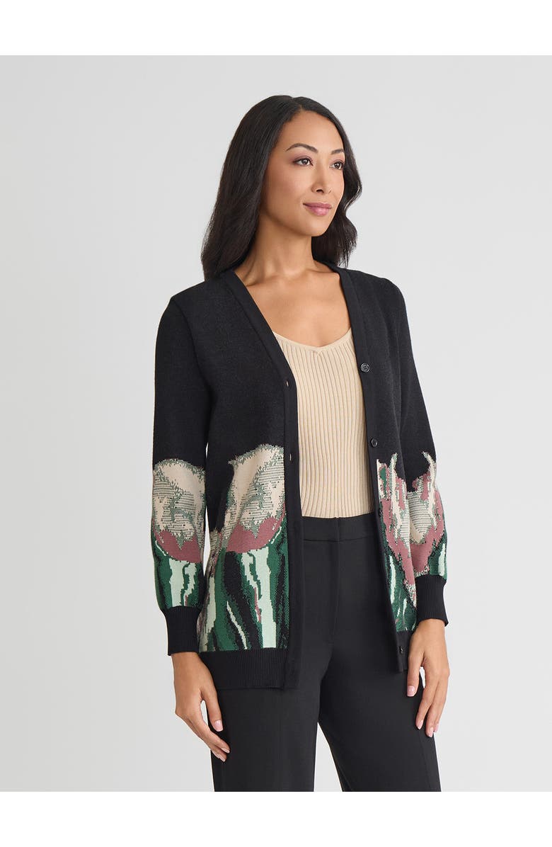 Misook Relaxed Floral Jacquard Knit Cardigan, Alternate, color, Black, Floral