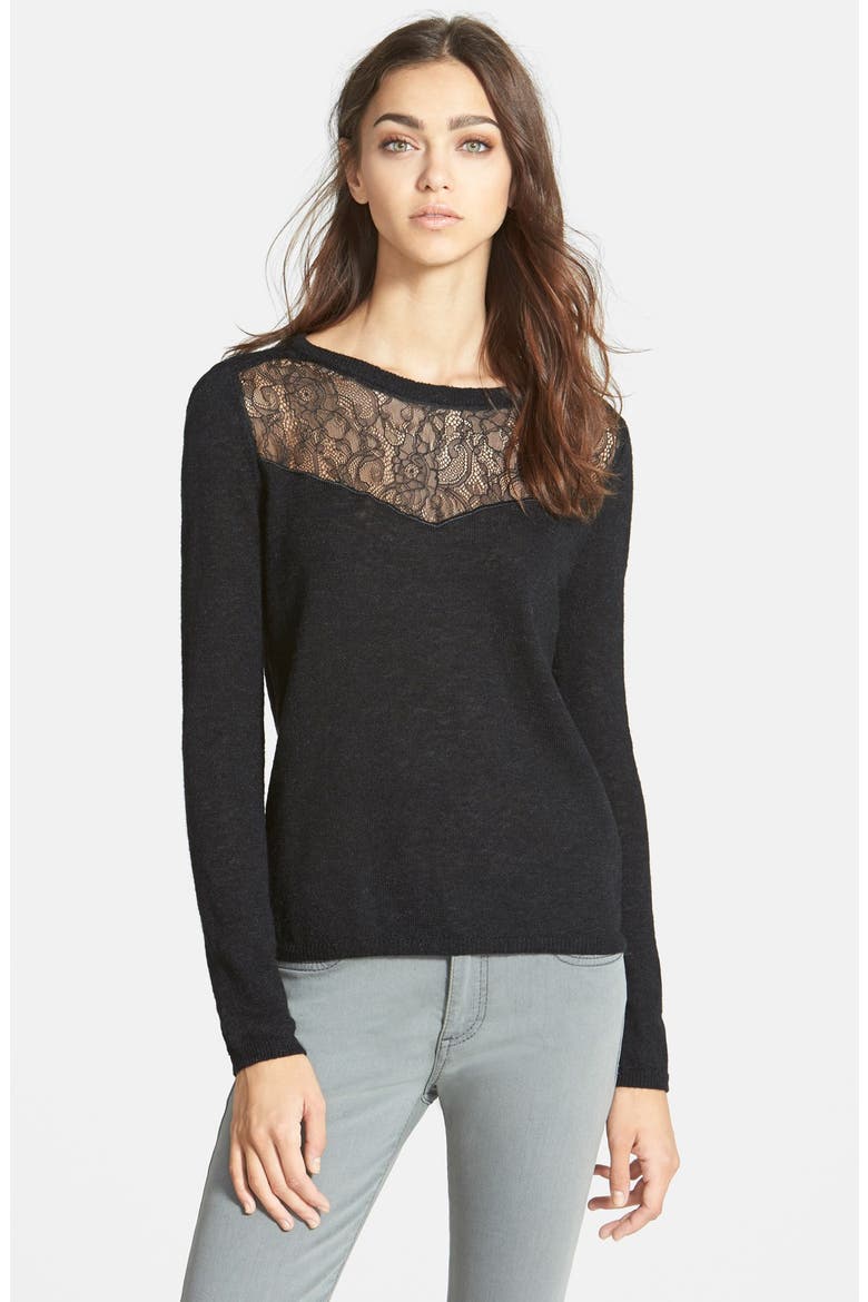 Lace Inset Sweater, Main, color, BLACK