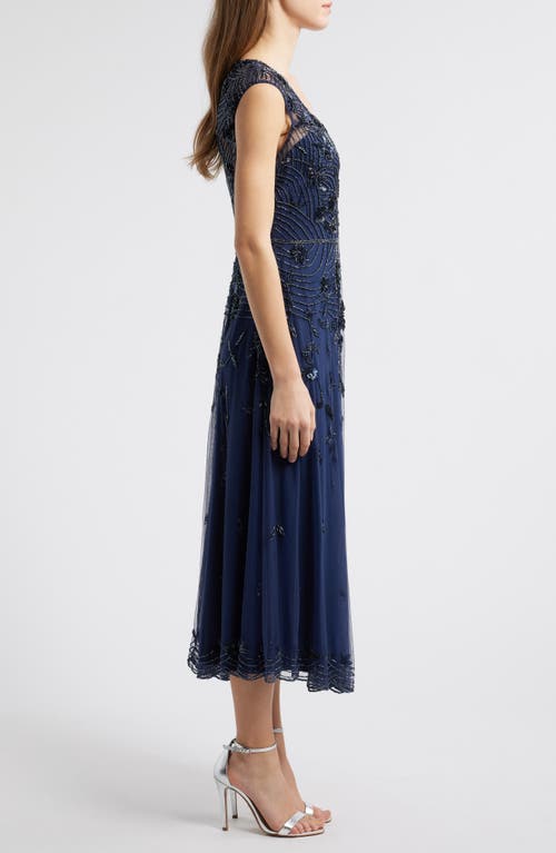 Pisarro Nights Beaded Sleeveless Chiffon Evening Dress In Navy