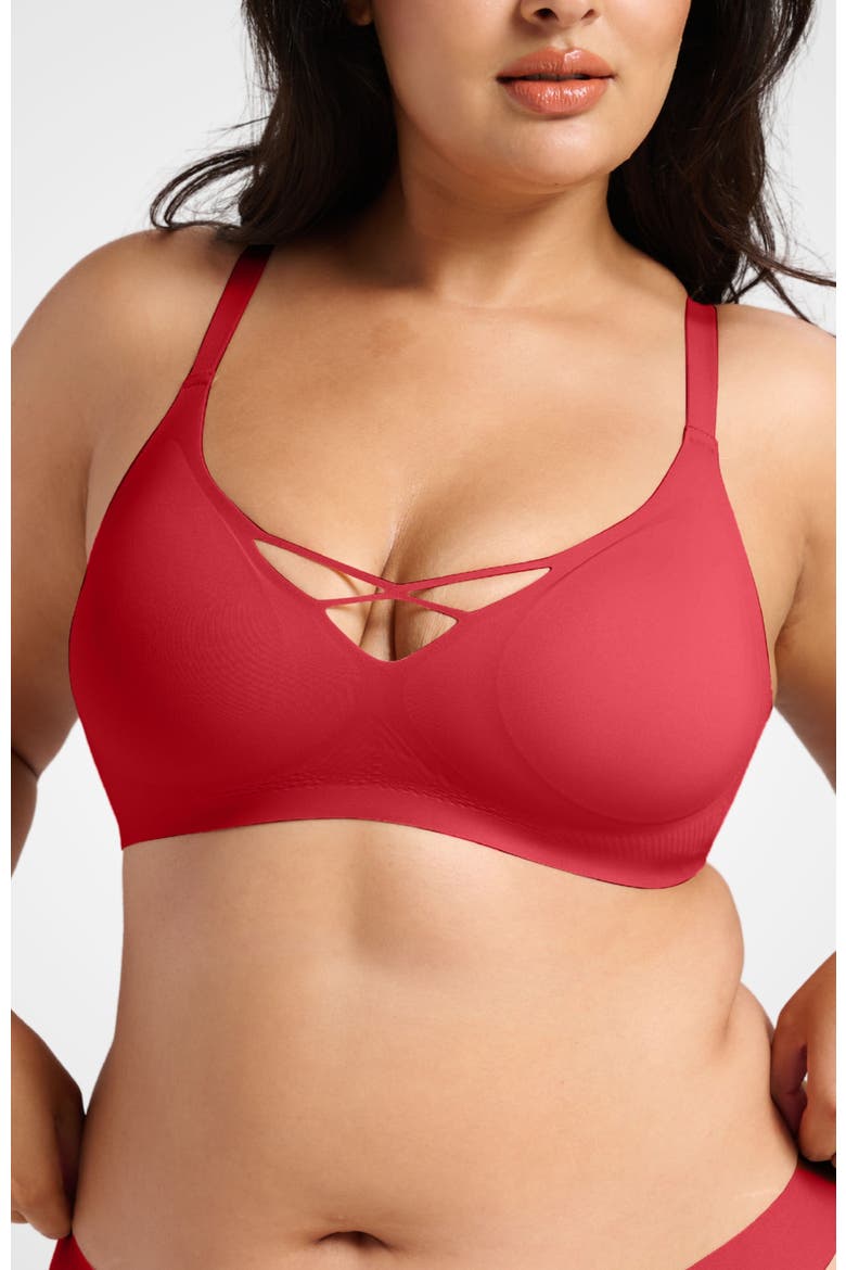 No-Show V-Neck Bra, Main, color, Red