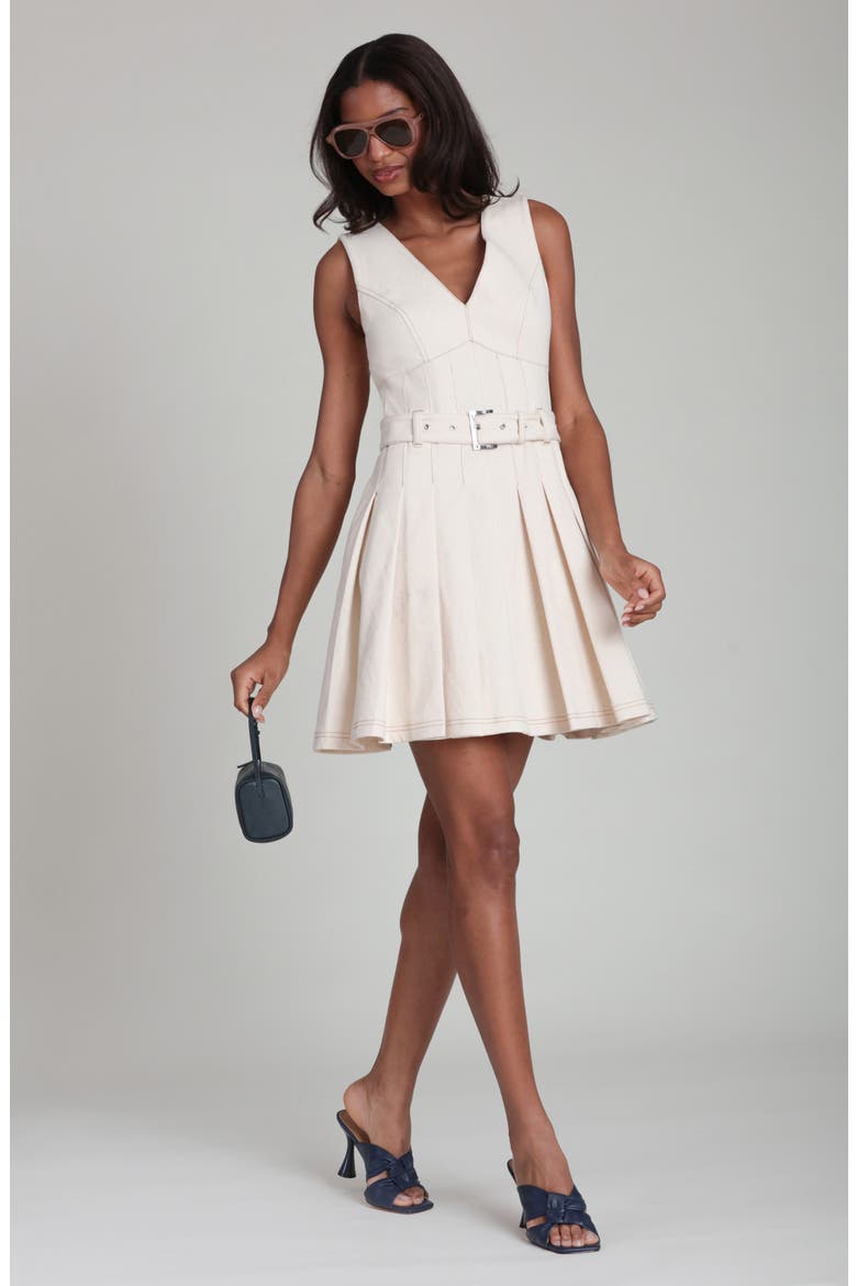 Seamed Sleeveless Pleated Stretch Cotton Minidress, Alternate, color, SEEDED ECRU