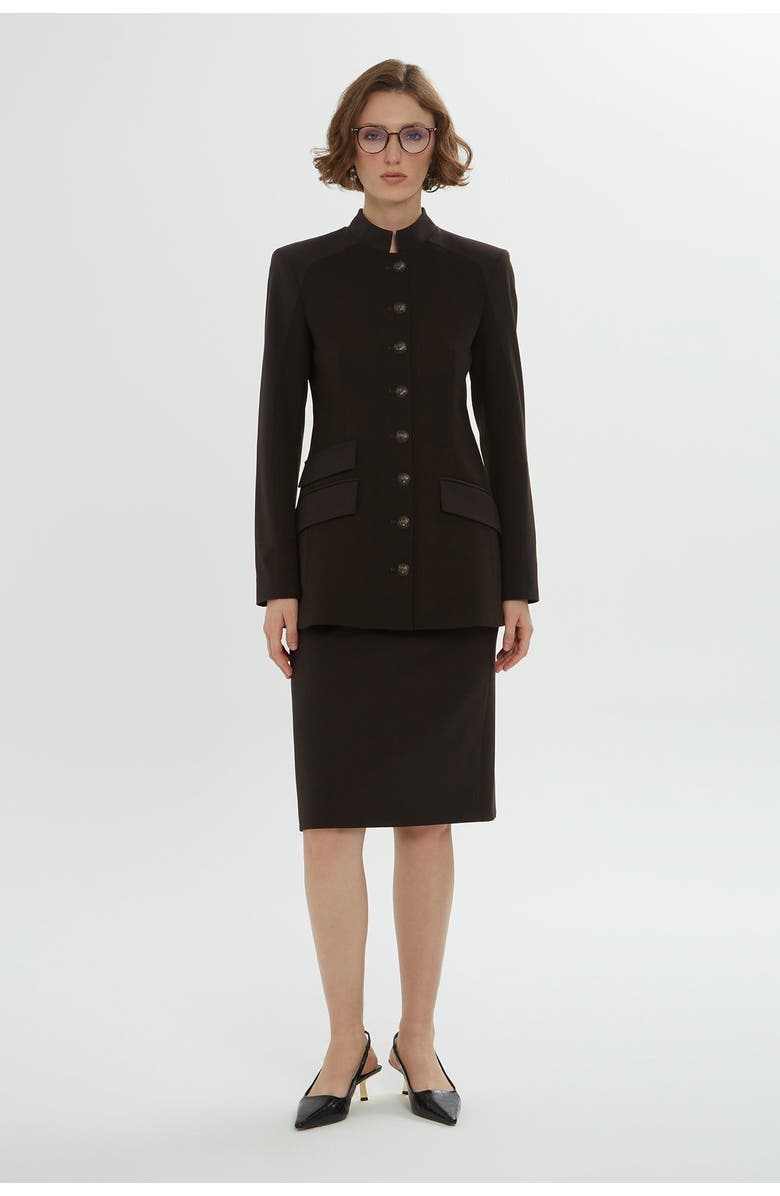 Gizia Brown Jacket and Pencil Skirt Set with Button Details, Alternate, color, Brown