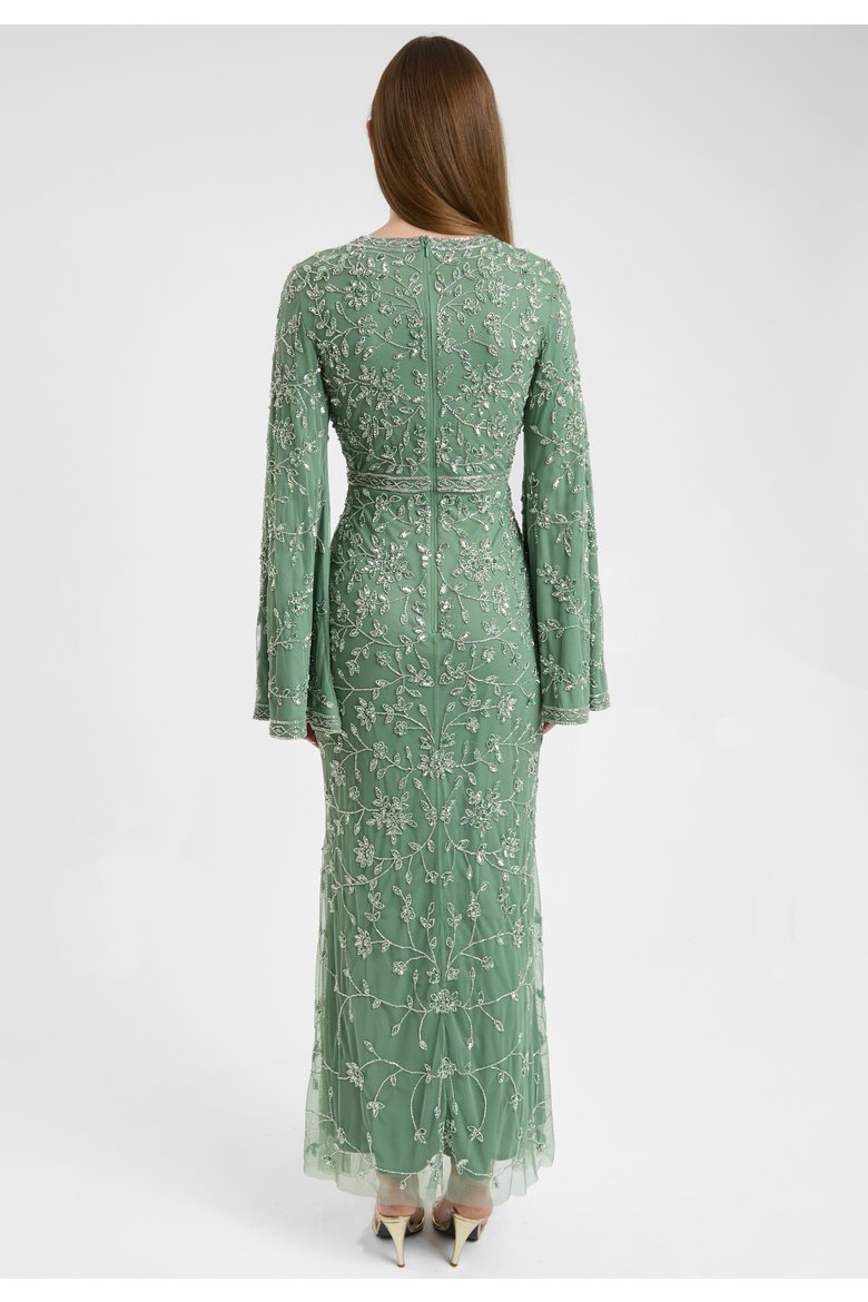 Modest Embellished Sequin Beaded Dress Maxi With Sleeves Design, Alternate, color, GREEN