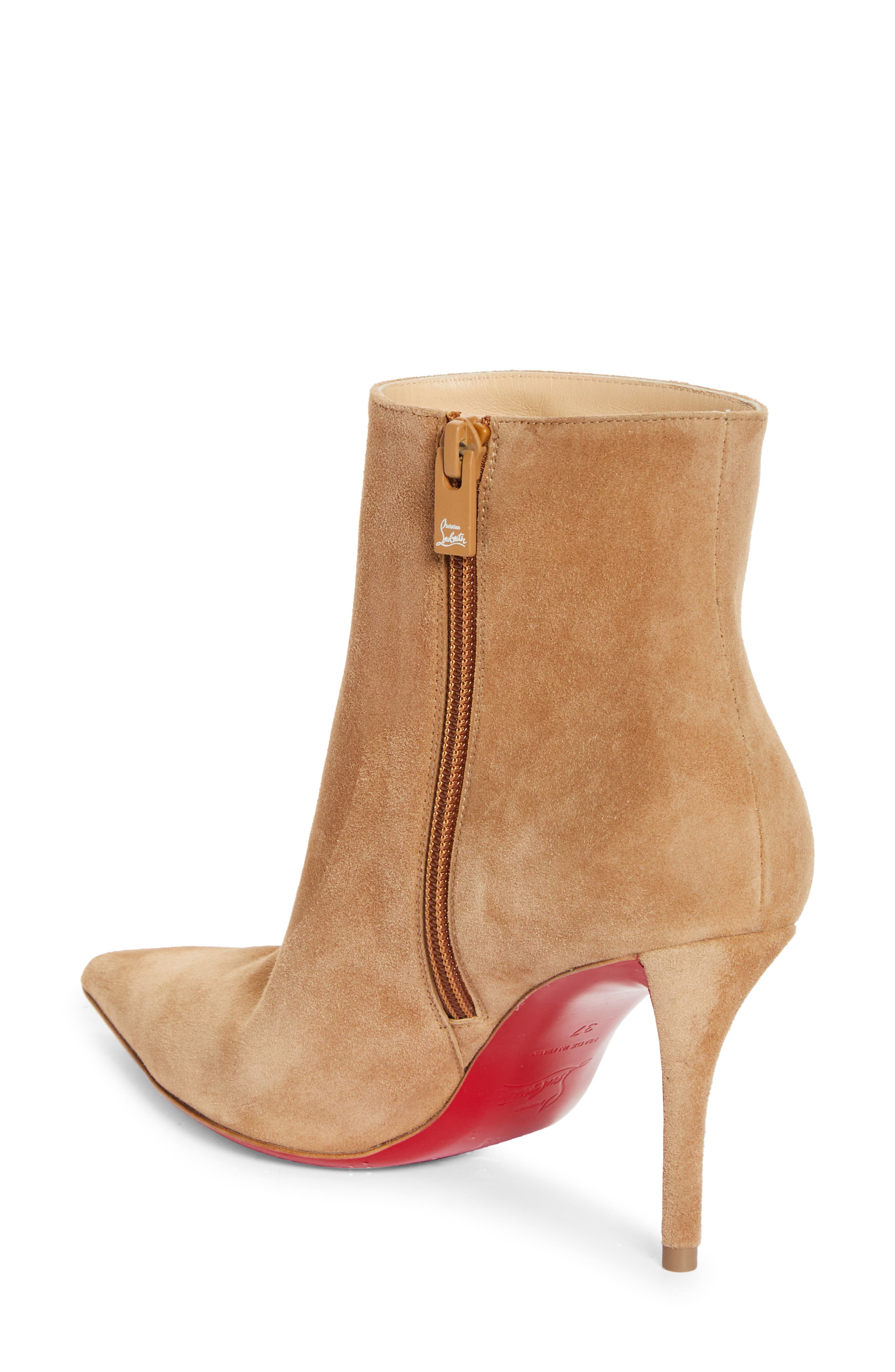 Christian Louboutin Apostropha Pointed Toe Suede Bootie, Alternate, color, Lionne